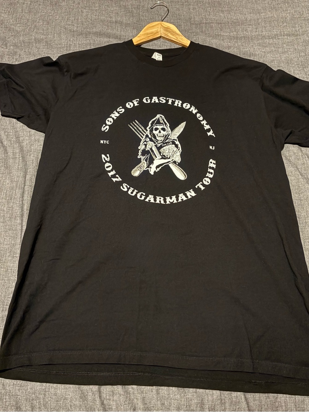 Gildan Black Graphic Tee with White Sons of Gastronomy Tour Print